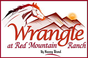 Logo shows a horse looking over the words Wrangle at Red Mountain Ranch which are in front of mountains with the sun rising.